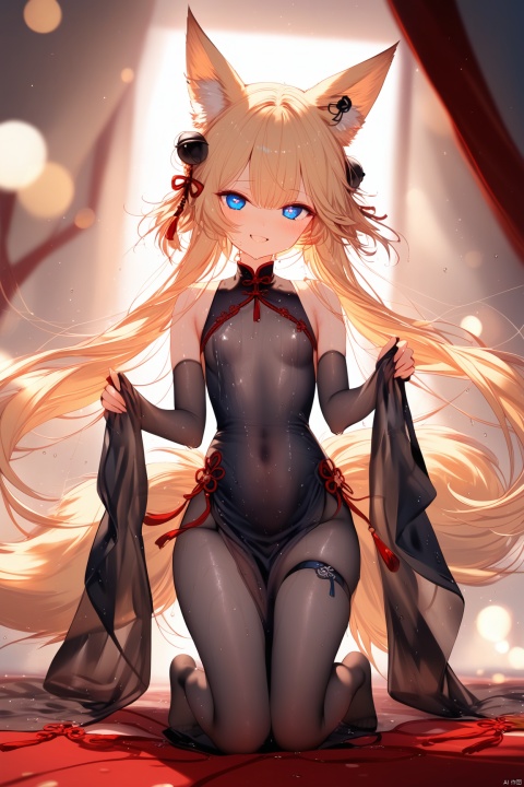 1girl, solo, long hair, breasts, looking at viewer, blush, smile, bangs, blue eyes, blonde hair, hair ornament, long sleeves, dress, animal ears, very long hair, standing, full body, braid, small breasts, black dress, animal ear fluff, sleeves past wrists, （symbol-shaped pupils,heart-shaped pupils , heart, ）, fox ears,  bell, chinese clothes, heart-shaped pupils, short dress, tassel, jingle bell, french braid, hair bell, china dress, thigh strap, braid, ribbon, bare shoulders, detached sleeves, red ribbon, pelvic curtain,no shoes,black pantyhose,（see-through,see-through dress）,(covered Navel), (wet, sweat, wet dress:1.21),chiffon, sheer tulle,walk,dynamic pose,masterpiece,best quality,high quality,[iumu],[Sheya],[Artist chen bin], loli