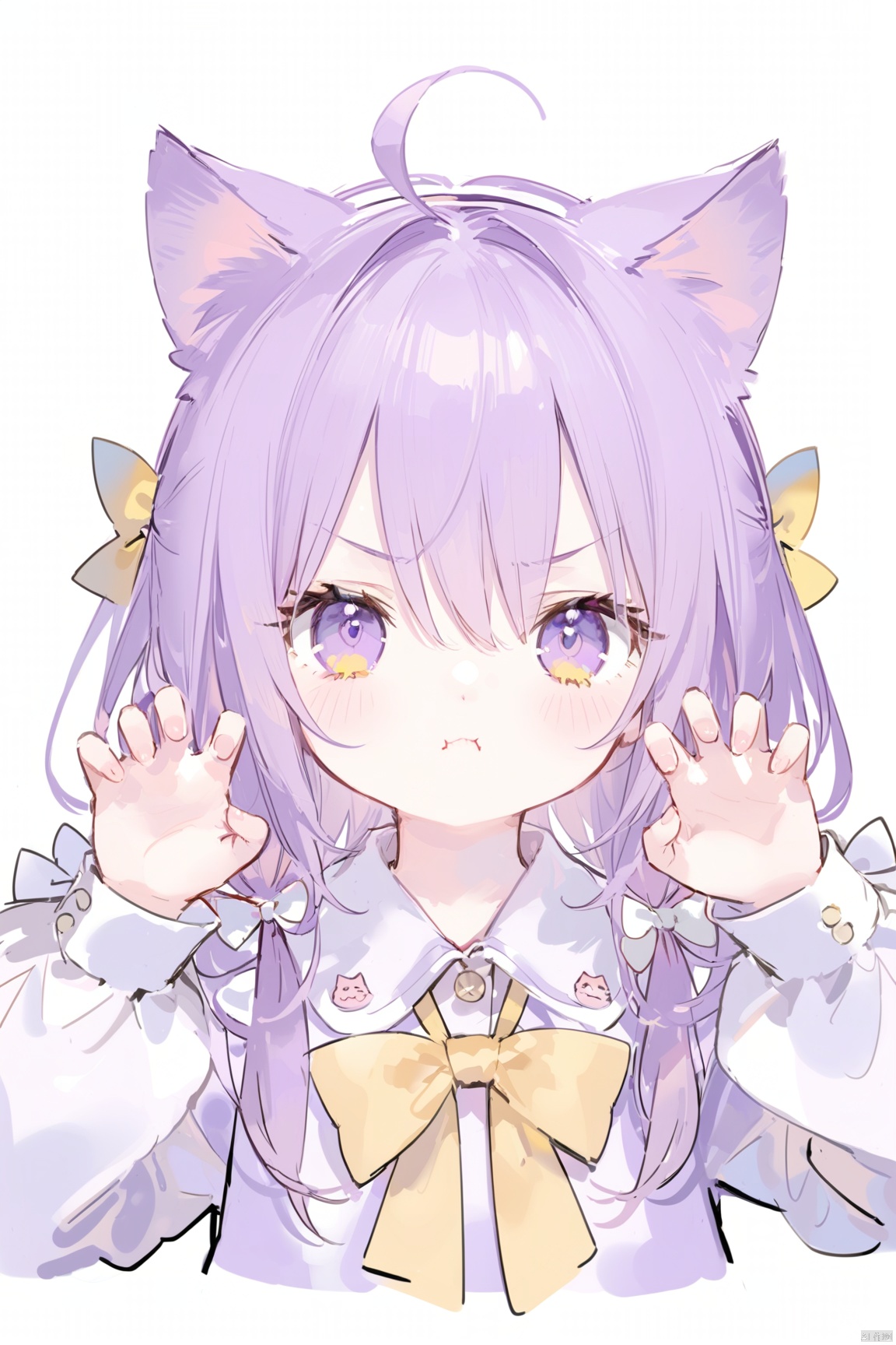 1girl, solo, looking at viewer, blush, bangs, simple background, shirt, long sleeves, white background, bow, animal ears, hair between eyes, closed mouth, purple eyes, upper body, purple hair, ahoge, hair bow, puffy sleeves, cat ears, sketch, v-shaped eyebrows, hands up, white bow, yellow bow, puffy long sleeves, :t, pout, claw pose, =3, :i,loli,loli