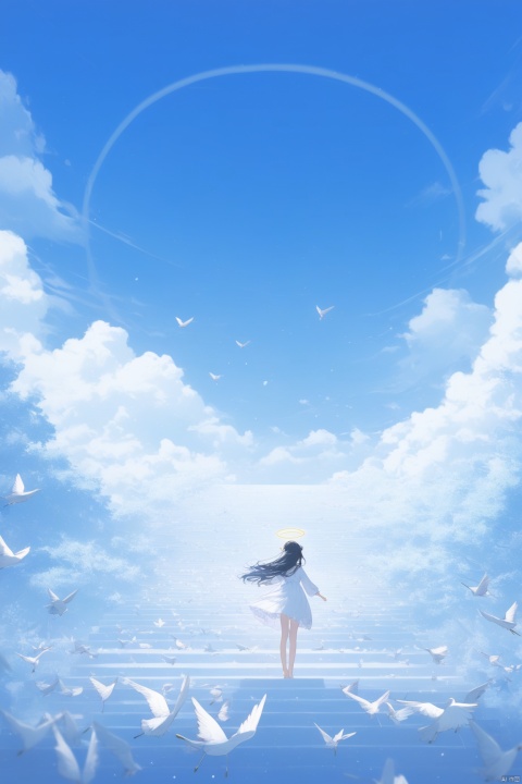 1girl, solo,angel, long hair, black hair, long sleeves, dress, standing, outdoors, sky, barefoot, day, white dress, blue sky, scenery, blue theme,White  stairs, wide shot,floating White Thousand Paper Crane,detailed background,Many thousand paper cranes,Standing on the steps and looking up at the sky,Aestheticism Painting,intricate detail,Angel wings, halo,loli