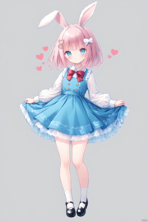 1girl, solo, looking at viewer, blush, short hair, bangs, blue eyes, skirt, simple background, shirt, hair ornament, long sleeves, dress, bow, animal ears, standing, full body, white shirt, pink hair, heart, shoes, socks, puffy sleeves, bowtie, grey background, black footwear, rabbit ears, red bow, blue dress, standing on one leg, white socks, mary janes, puffy long sleeves, skirt hold, heart hair ornament, pinafore dress