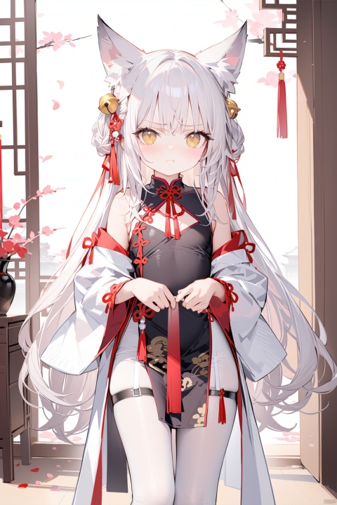 masterpiece,best quality,high quality, 1girl, solo, long hair,looking at viewer, blush, bangs, hair ornament, long sleeves, dress, animal ears, very long hair, closed mouth, standing, full body, yellow eyes,  white hair, pantyhose,  wide sleeves, bell, anger vein, jingle bell, angry, white pantyhose, hair bell, black dress, animal ear fluff, fox ears,  :t, pout, hair bell,very long hair, standing,  sleeves past wrists, petals, tassel, chinese clothes, short dress, china dress, thigh strap, braid, ribbon, bare shoulders, detached sleeves, red ribbon, pelvic curtain,