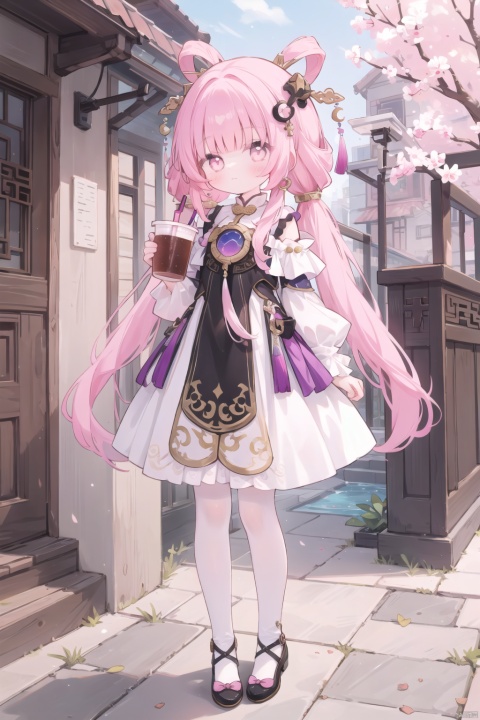  1girl, long hair, looking at viewer, bangs, hair ornament, dress, holding, full body, pink hair, multicolored hair, pink eyes,cup, parted bangs, chinese clothes, holding cup, drinking straw, drinking,twintails,hair rings