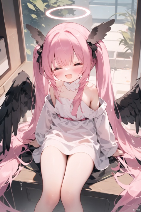 1girl, solo, long hair, blush, open mouth, bangs, shirt, hair ornament, long sleeves, twintails, sitting, closed eyes, pink hair, wings, tears, off shoulder, low twintails, halo, > <, ^^^, head wings, black wings, toilet, full body,no shoes,loli, koharu