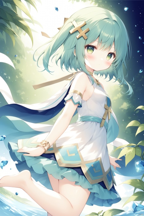 shiratamaco,1girl, solo, long hair, breasts, looking at viewer, bangs, hair ornament, dress, bare shoulders, jewelry, closed mouth, green eyes, blue hair, small breasts, looking back, from behind, white dress, bracelet, aqua hair, thighlet, Faruzan (genshin),loli,Sole of feet, barefoot,