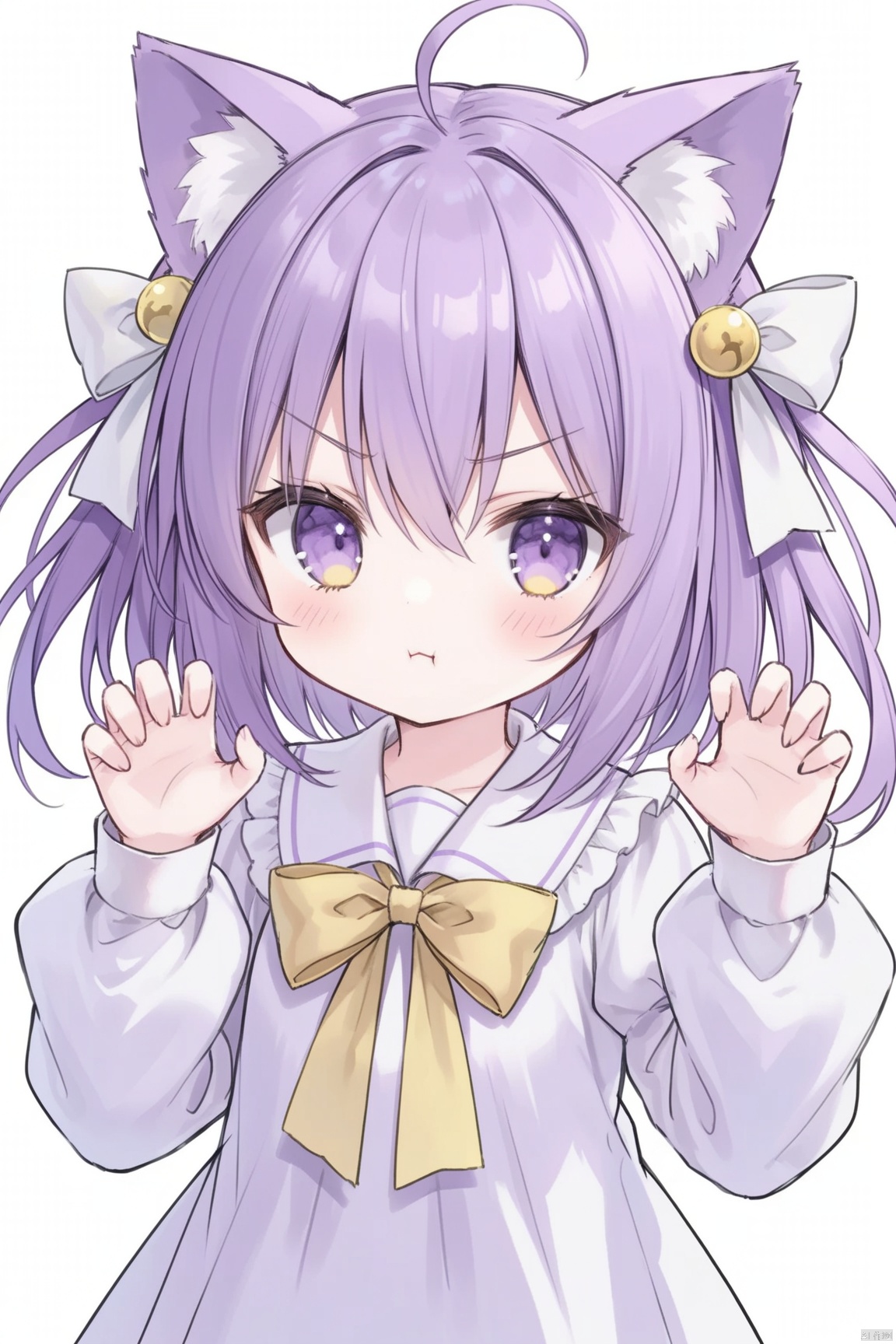 1girl, solo, looking at viewer, blush, bangs, simple background, shirt, long sleeves, white background, bow, animal ears, hair between eyes, closed mouth, purple eyes, upper body, purple hair, ahoge, hair bow, puffy sleeves, cat ears, sketch, v-shaped eyebrows, hands up, white bow, yellow bow, puffy long sleeves, :t, pout, claw pose, =3, :i,loli, loli