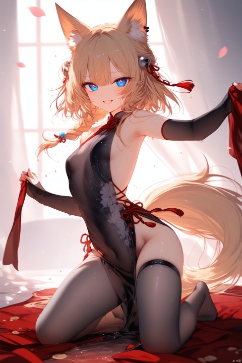 1girl, solo, long hair, breasts, looking at viewer, blush, smile, bangs, blue eyes, blonde hair, hair ornament, long sleeves, dress, animal ears, very long hair, standing, full body, braid, small breasts, black dress, animal ear fluff, sleeves past wrists, （symbol-shaped pupils,heart-shaped pupils , heart, ）, fox ears,  bell, chinese clothes, heart-shaped pupils, short dress, tassel, jingle bell, french braid, hair bell, china dress, thigh strap, braid, ribbon, bare shoulders, detached sleeves, red ribbon, pelvic curtain,no shoes,black pantyhose,（see-through,see-through dress）,(covered Navel), (wet, sweat, wet dress:1.21),chiffon, sheer tulle,walk,dynamic pose,masterpiece,best quality,high quality,[iumu],[Sheya],[Artist chen bin], loli