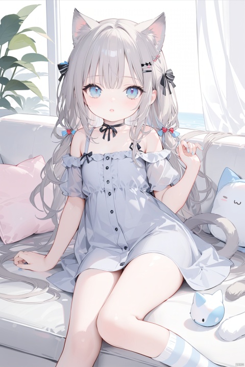  masterpiece,best quality,high quality,1girl, solo, long hair, looking at viewer, bangs, blue eyes, shirt, hair ornament, dress, animal ears, bare shoulders, tail, short sleeves, grey hair, lying, parted lips, socks, hairclip, striped, cat ears, off shoulder, :o, cat tail, no shoes, cat girl, couch, grey dress, striped socks,loli,