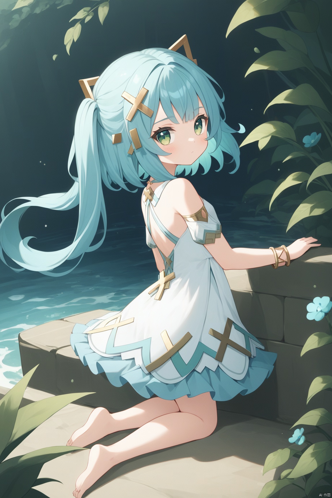 loli,1girl, solo, long hair, breasts, looking at viewer, bangs, hair ornament, dress, bare shoulders, jewelry, closed mouth, green eyes, blue hair, small breasts, looking back, from behind, white dress, bracelet, aqua hair, thighlet, Faruzan (genshin),loli,**** of feet, barefoot,