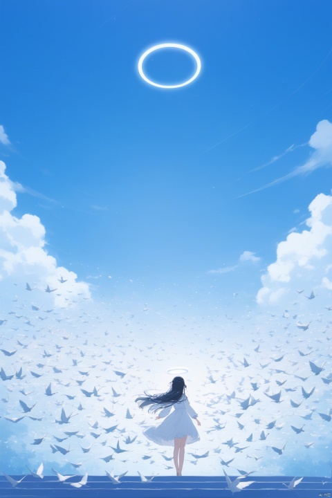 1girl, solo,angel, long hair, black hair, long sleeves, dress, standing, outdoors, sky, barefoot, day, white dress, blue sky, scenery, blue theme,White  stairs, wide shot,floating White Thousand Paper Crane,detailed background,Many thousand paper cranes,Standing on the steps and looking up at the sky,Aestheticism Painting,intricate detail,Angel wings, halo,loli