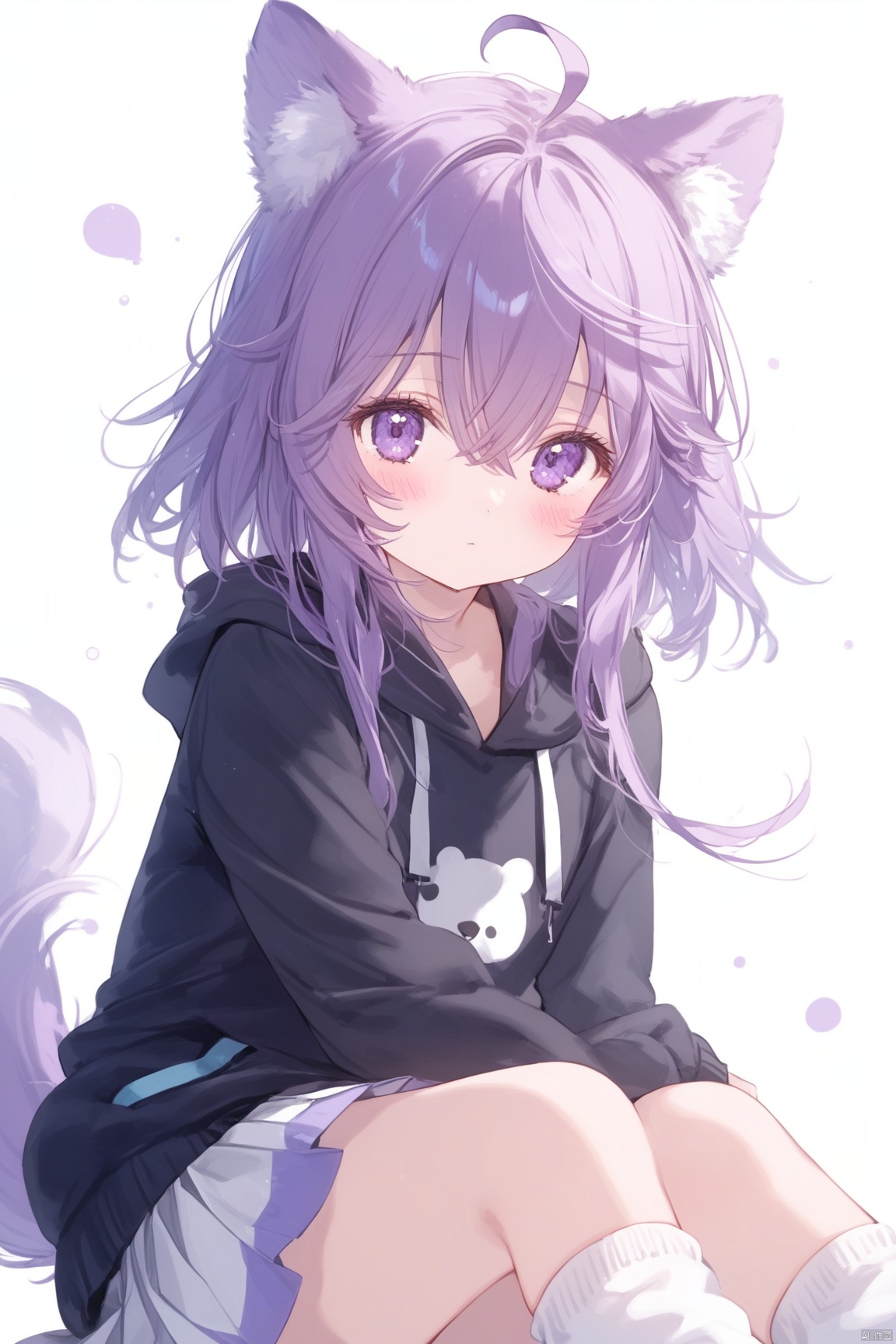 1girl, solo, looking at viewer, blush, bangs, skirt, simple background, long sleeves, white background, bow, animal ears, hair between eyes, sitting, closed mouth, purple eyes, tail, purple hair, ahoge, hair bow, pleated skirt, socks, hood, hoodie, feet out of frame, white skirt, hood down, white bow, white socks, black hoodie, loose socks,loli