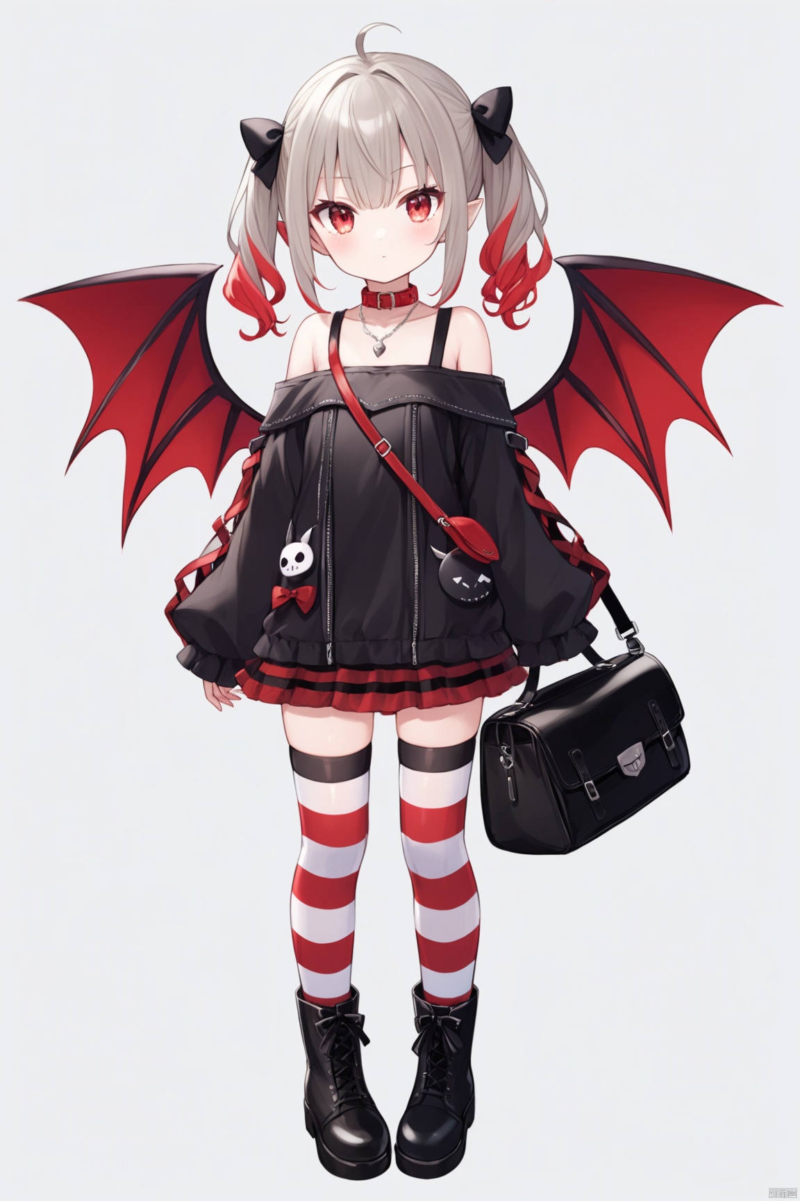 1girl, solo, looking at viewer, bangs, simple background, red eyes, thighhighs, long sleeves, white background, hair between eyes, bare shoulders, twintails, jewelry, standing, jacket, full body, ahoge, grey hair, red hair, multicolored hair, boots, wings, striped, virtual youtuber, necklace, off shoulder, bag, black footwear, collar, sleeves past wrists, blood, striped thighhighs, sleeves past fingers, demon wings, shoulder bag, red collar, red wings, off-shoulder jacket, makaino ririmu,loli, loli