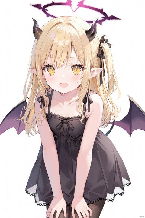  1girl, solo, long hair, looking at viewer, blush, smile, open mouth, bangs, blonde hair, simple background, white background, dress, ribbon, bare shoulders, collarbone, tail, hair ribbon, yellow eyes, :d, pantyhose, wings, horns, sleeveless, pointy ears, black dress, bare arms, black ribbon, leaning forward, sleeveless dress, one side up, halo, demon girl, demon horns, demon wings,ibukiBA
