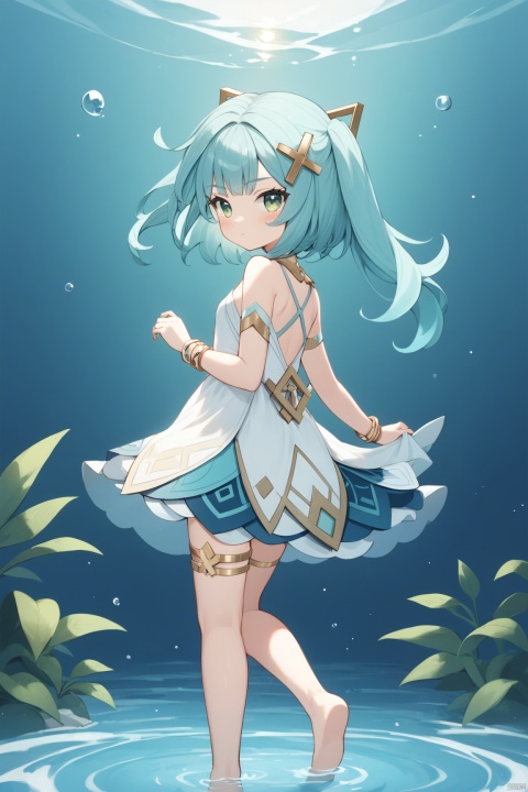  1girl, solo, long hair, breasts, looking at viewer, bangs, hair ornament, dress, bare shoulders, jewelry, closed mouth, green eyes, blue hair, small breasts, looking back, from behind, white dress, bracelet, aqua hair, thighlet, Faruzan (genshin),loli,Sole of feet, barefoot, 