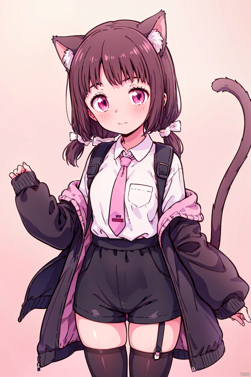  multiple_girls,animal_ears,2girls,cat_ears,black_hair,tail,cat_tail,twintails,cat_girl,skirt,thighhighs,pink_eyes,necktie,platform_footwear,jacket,white_background,shirt,long_hair,simple_background,white_shirt,black_footwear,purple_eyes,bangs,shorts,ribbon,fishnets,white_hair,boots,animal_ear_fluff,short_hair,black_shorts,pink_skirt,blunt_bangs,long_sleeves,bow,looking_at_viewer,pink_jacket,hair_ribbon,thigh_strap,frills, caiyuan