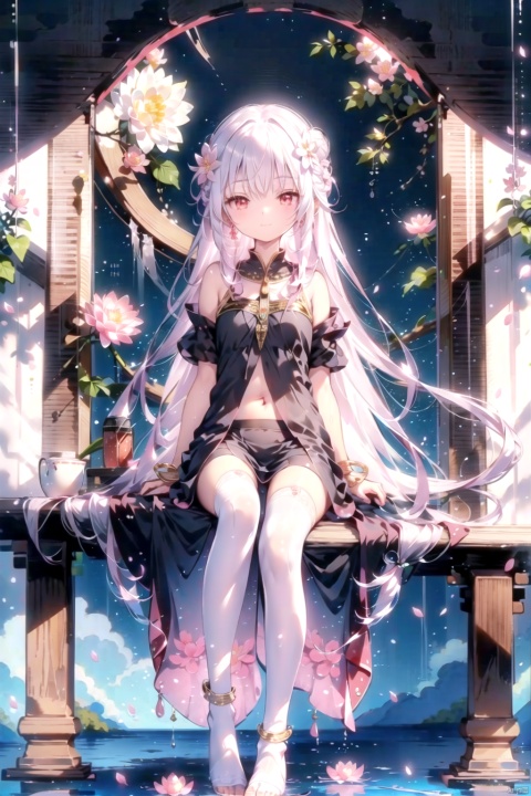 1girl, solo, long hair, looking at viewer, smile, bangs, red eyes, dress, bare shoulders, jewelry, sitting, very long hair, closed mouth,full body, flower, earrings, outdoors, sky,  water, off shoulder, hair bun, white dress, bracelet, feet, tree, petals, night, bird, moon,  night sky, full moon, pink flower, anklet, branch, absurdly long hair, soaking feet, lotus,thighhighs, navel, flower, white hair, wings, hair flower, feet, white thighhighs, wet, see-through, toes,  no shoes, leg up, from below, wet clothes, loli