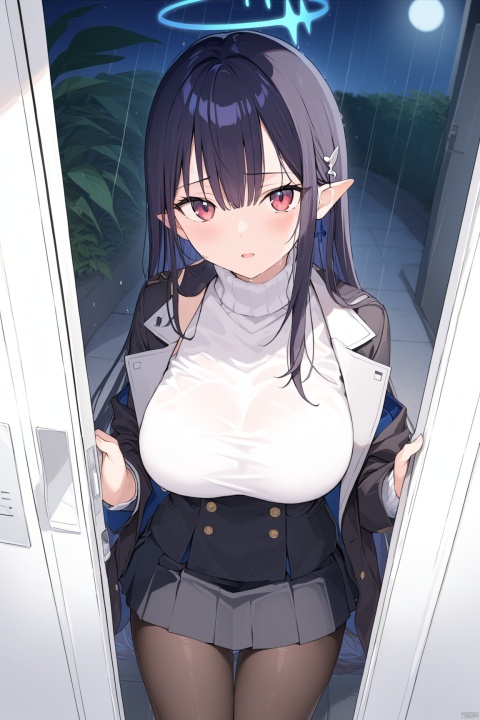 1girl,halo,long_hair,black_hair,breasts,wet,pantyhose,rain,skirt,red_eyes,large_breasts,wet_clothes,turtleneck_sweater,sweater,bangs,turtleneck,pov,black_skirt,solo_focus,pleated_skirt,jacket,hair_ornament,very_long_hair,long_sleeves,looking_at_viewer,id_card,white_sweater,pov_hands,black_pantyhose,blunt_bangs,black_jacket,parted_lips,night,1boy,blush,wet_hair,own_hands_together,outdoors,pov_doorway,miniskirt,black_suit, rinBA