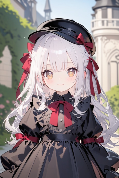 (masterpiece:1.1), (best quality:1.2), highres, original, extremely detailed wallpaper, official art,1girl, solo, long hair, (little_girl:1.2),(petite:1.1),bright_pupils,blue eyes,gothic_lolita,dress,loli,looking at viewer, blush, smile, bangs, white hair, shirt, long sleeves, hat, dress, ribbon, brown eyes, closed mouth, hair ribbon, upper body, outdoors, frills, blurry, red ribbon, black headwear, blurry background, loli