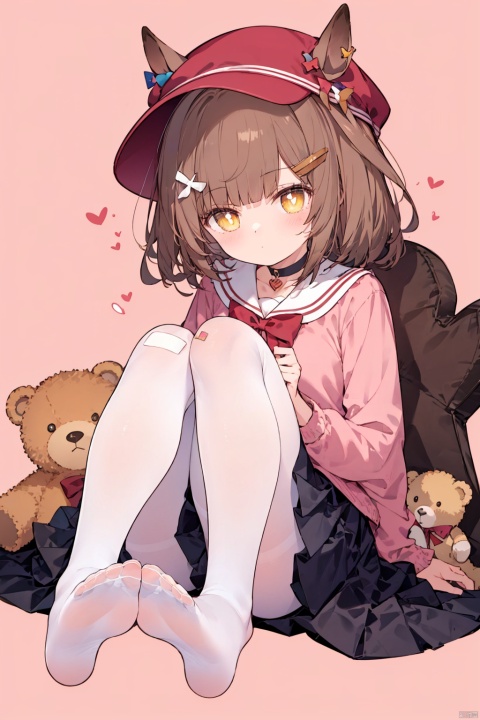  1girl, solo,Yellow eyes, brown hair, medium hair, （horse ears, Horse Tail）, red hat, hair ornament, 
masterpiece, best quality, looking at viewer, bangs, skirt, shirt,long sleeves, bow, ribbon, sitting, monochrome, hair bow, heart, pantyhose, frills, food, no shoes, choker, blunt bangs, black skirt, symbol-shaped pupils, heart-shaped pupils, stuffed toy, pink background, stuffed animal, frilled skirt, pink bow, fishnets, candy, bandaid, pink shirt, teddy bear, lollipop, pink theme, jirai kei, lam style, colorful hair, hiqcgbody, masterpiece, best quality, holographic, holographic ccozy anime, moyou, AGM, soft, WhitePantyhose, , white pantyhose, girl, nai3