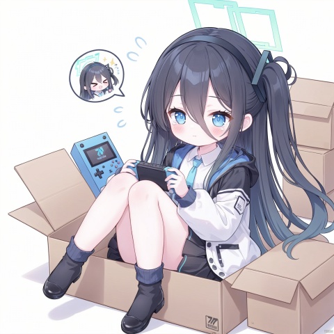 1girl, solo, long hair, blush, bangs, blue eyes, simple background, shirt, black hair, long sleeves, white background, holding, hair between eyes, sitting, very long hair, closed mouth, blue hair,chibi, jacket, white shirt, multicolored hair, hairband, open clothes, puffy sleeves, hood, black skirt,  two-tone hair, open jacket, sparkle, shadow, one side up, halo, blush stickers, white jacket, hood down, black hairband, box, hooded jacket, knees up, puffy long sleeves,  in container, handheld game console, cardboard box, in box, aris \(blue archive\), loli, >_<,  closed eyes,  flying sweatdrops, speech bubble, tears, 