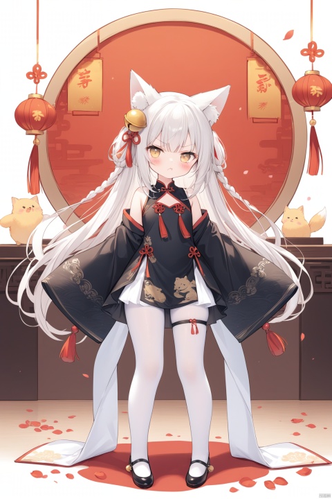  masterpiece,best quality,high quality, 1girl, solo, long hair,looking at viewer, blush, bangs, hair ornament, long sleeves, dress, animal ears, very long hair, closed mouth, standing, full body, yellow eyes,  white hair, pantyhose,  wide sleeves, bell, anger vein, jingle bell, angry, white pantyhose, hair bell, black dress, animal ear fluff, fox ears,  :t, pout, hair bell,very long hair, standing,  sleeves past wrists, petals, tassel, chinese clothes, short dress, china dress, thigh strap, braid, ribbon, bare shoulders, detached sleeves, red ribbon, pelvic curtain,loli