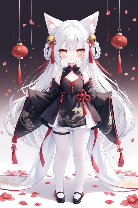 [iumu],[Sheya],[Artist chen bin], masterpiece,best quality,high quality, 1girl, solo, long hair,looking at viewer, blush, bangs, hair ornament, long sleeves, dress, animal ears, very long hair, closed mouth, standing, full body, yellow eyes,  white hair, pantyhose,  wide sleeves, bell, anger vein, jingle bell, angry, white pantyhose, hair bell, black dress, animal ear fluff, fox ears,  :t, pout, hair bell,very long hair, standing,  sleeves past wrists, petals, tassel, chinese clothes, short dress, china dress, thigh strap, braid, ribbon, bare shoulders, detached sleeves, red ribbon, pelvic curtain,loli