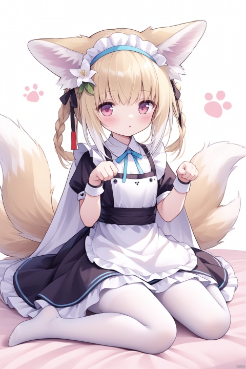  1girl, solo, long hair, blush, blonde hair, hair ornament, dress, ribbon, animal ears, sitting, tail, flower, pantyhose,no shoes, hair flower, pink eyes, apron, animal ear fluff, maid, maid headdress, fox ears, fox tail,maid apron, white pantyhose, paw pose,suzuran \(arknights\), Suzuran