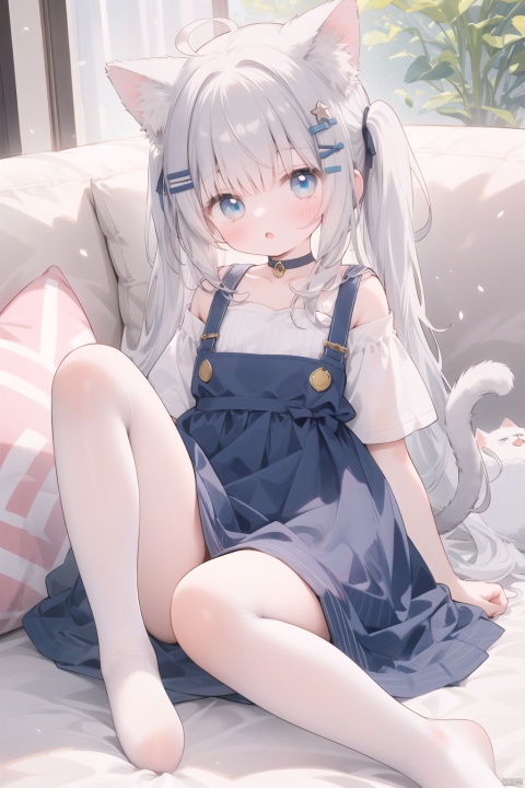  masterpiece,best quality,high quality,1girl, solo, long hair, looking at viewer, bangs, blue eyes, shirt, hair ornament, dress, animal ears, bare shoulders, tail, short sleeves, grey hair, lying, parted lips, socks, hairclip, striped, cat ears, off shoulder, :o, cat tail, no shoes, cat girl, couch, grey dress, striped socks,loli