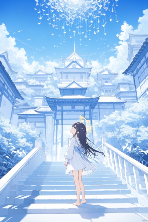 1girl, solo,angel, long hair, black hair, long sleeves, dress, standing, outdoors, sky, barefoot, day, white dress, blue sky, scenery, blue theme,White stairs, wide shot,floating White Thousand Paper Crane,detailed background,Many thousand paper cranes,Standing on the steps and looking up at the sky,Aestheticism Painting,intricate detail,Angel wings, halo,loli,Kantoku