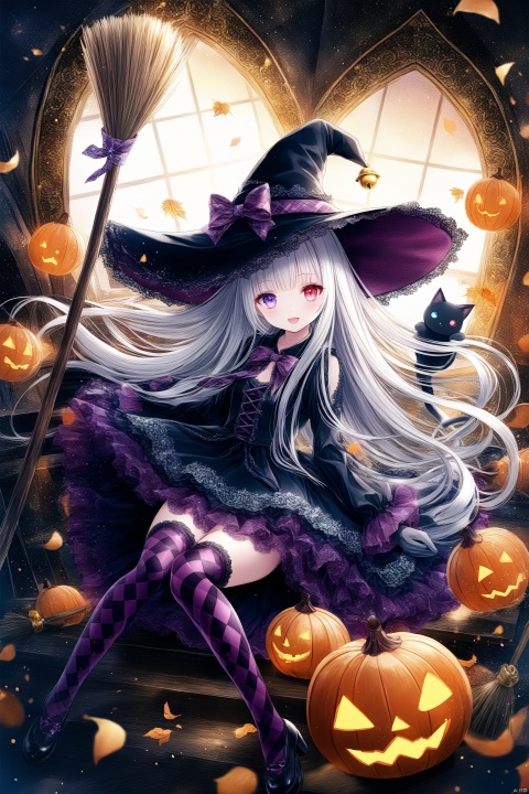  1girl, solo, long hair, looking at viewer, smile, open mouth, bangs,red eyes, thighhighs, gloves, long sleeves, hat, sitting, very long hair, purple eyes, full body, white hair, black dress, black headwear, bell, witch hat, heterochromia, broom, ghost, witch, broom riding,cat tail, plaid, tail ornament, animal ears, cat ears, plaid, argyle legwear, argyle, loli,(masterpiece),(best quality),illustration,ultra detailed,hdr,Depth of field,[iumu],[Sheya],[Artist chen bin], 