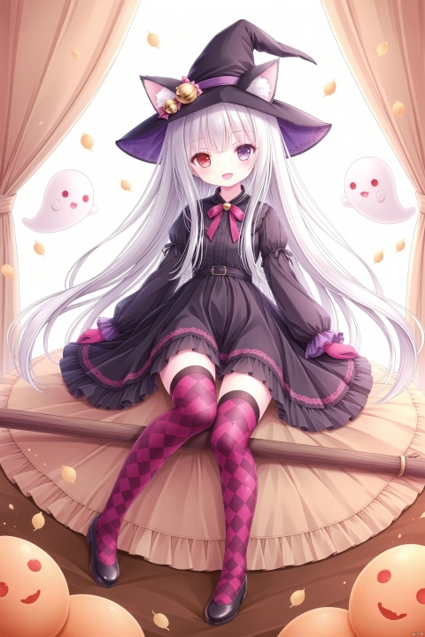  1girl, solo, long hair, looking at viewer, smile, open mouth, bangs,red eyes, thighhighs, gloves, long sleeves, hat, sitting, very long hair, purple eyes, full body, white hair, black dress, black headwear, bell, witch hat, heterochromia, broom, ghost, witch, broom riding,cat tail, plaid, tail ornament, animal ears, cat ears, plaid, argyle legwear, argyle, loli