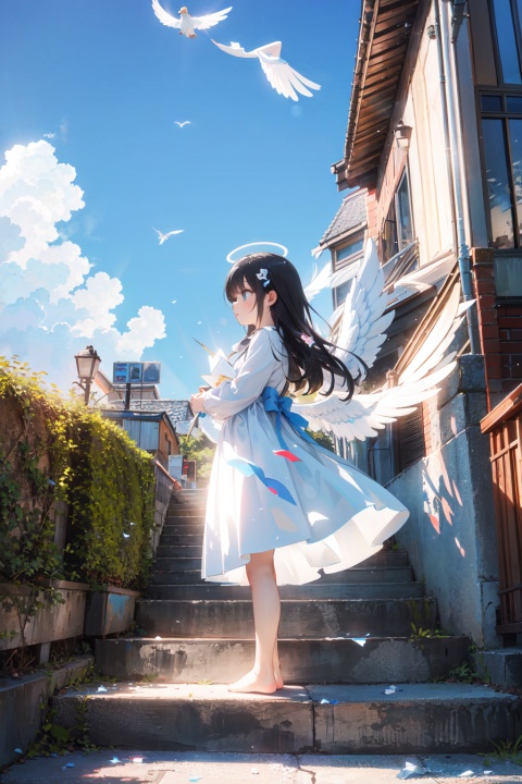 1girl, solo,angel, long hair, long sleeves, dress, standing, outdoors, sky, barefoot, day, white dress, blue sky, scenery, blue theme,White stairs, wide shot,floating White Thousand Paper Crane,detailed background,Many thousand paper cranes,Standing on the steps and looking up at the sky,Aestheticism Painting,intricate detail,Angel wings, halo,loli,ray tracing