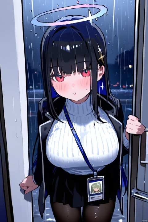 1girl,halo,long_hair,black_hair,breasts,wet,pantyhose,rain,skirt,red_eyes,large_breasts,wet_clothes,turtleneck_sweater,sweater,bangs,turtleneck,pov,black_skirt,solo_focus,pleated_skirt,jacket,hair_ornament,very_long_hair,long_sleeves,looking_at_viewer,id_card,white_sweater,pov_hands,black_pantyhose,blunt_bangs,black_jacket,parted_lips,night,1boy,blush,wet_hair,own_hands_together,outdoors,pov_doorway,miniskirt,black_suit, rinBA
