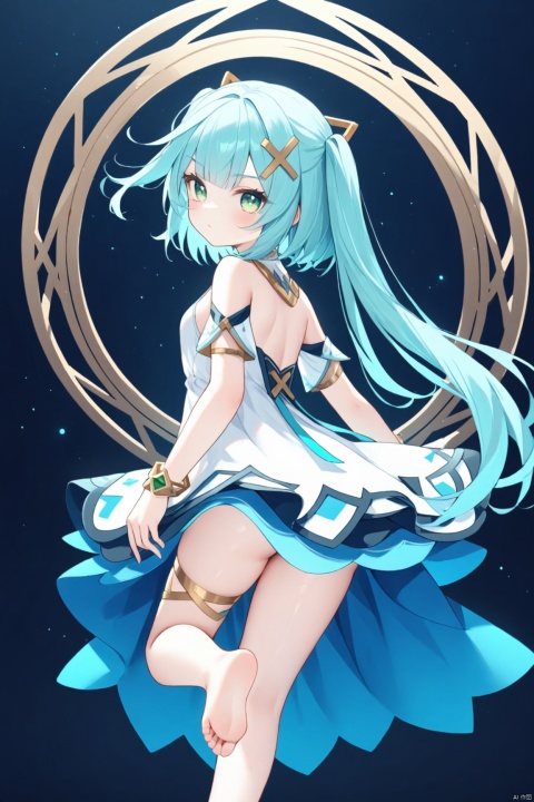  1girl, solo, long hair, breasts, looking at viewer, bangs, hair ornament, dress, bare shoulders, jewelry, closed mouth, green eyes, blue hair, small breasts, looking back, from behind, white dress, bracelet, aqua hair, thighlet, Faruzan (genshin),loli,Sole of feet, barefoot, 