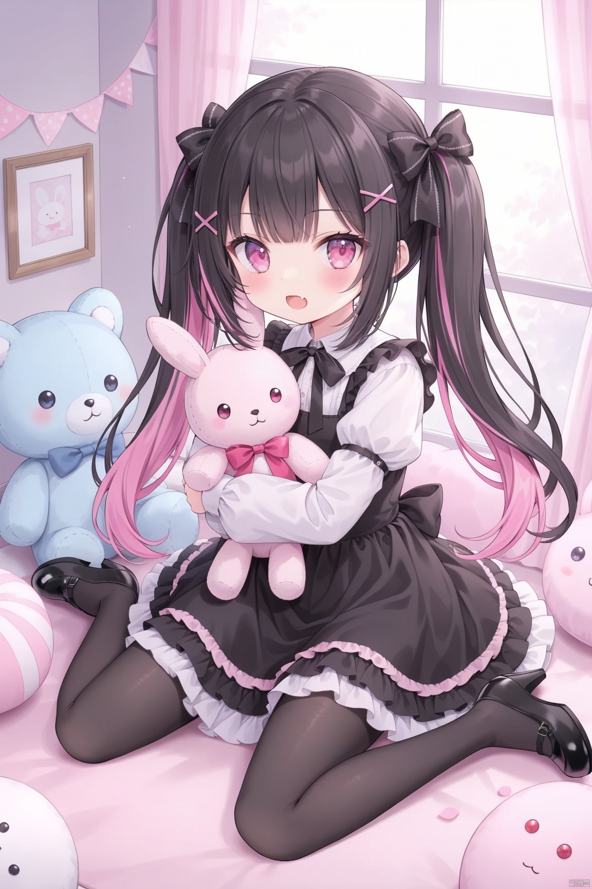 1girl, solo, long hair, looking at viewer, blush, open mouth, bangs, shirt, black hair, hair ornament, long sleeves, dress, bow, ribbon, twintails, sitting, full body, pink hair, hair bow, multicolored hair, frills, shoes, hairclip, fang, puffy sleeves, indoors, pink eyes, black footwear, black dress, high heels, two-tone hair, window, black bow, wariza, stuffed toy, frilled dress, stuffed animal, cross, x hair ornament, pink dress, object hug, stuffed bunny, holding stuffed toy,pantyhose,loli