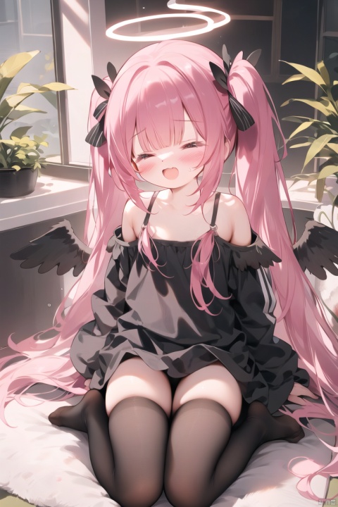1girl, solo, long hair, blush, open mouth, bangs, shirt, hair ornament, long sleeves, twintails, sitting, closed eyes, pink hair, wings, tears, off shoulder, low twintails, halo, > <, ^^^, head wings, black wings, toilet, full body,no shoes,loli, koharu