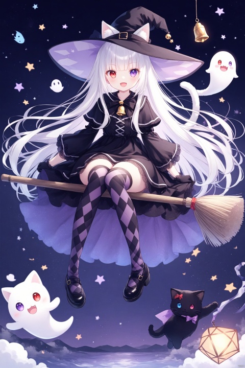  1girl, solo, long hair, looking at viewer, smile, open mouth, bangs,red eyes, thighhighs, gloves, long sleeves, hat, sitting, very long hair, purple eyes, full body, white hair, black dress, black headwear, bell, witch hat, heterochromia, broom, ghost, witch, broom riding,cat tail, plaid, tail ornament, animal ears, cat ears, plaid, argyle legwear, argyle, loli