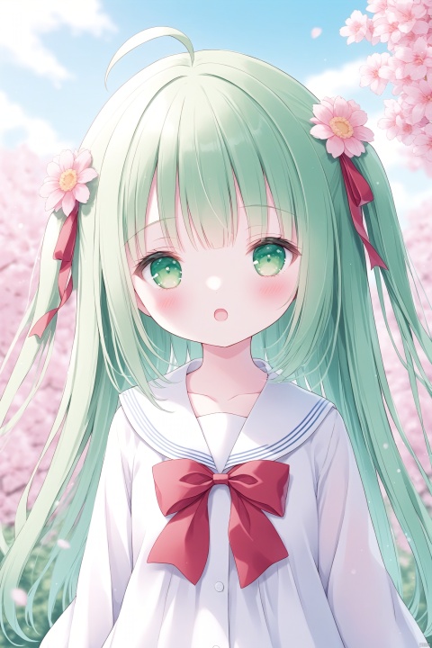 1girl, solo, long hair, looking at viewer, blush, open mouth, bangs, shirt, hair ornament, long sleeves, bow, ribbon, school uniform, green eyes, collarbone, white shirt, upper body, flower, ahoge, outdoors, green hair, sky, day, hair flower, sailor collar, blurry, red bow, two side up, blurry background, pink flower, white sailor collar,baby face,loli,child,round face,, loli, tinkle, omochi_newest, doll