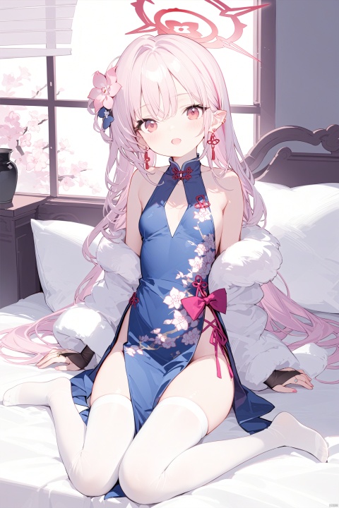 1girl, solo, long hair, breasts, looking at viewer, blush, open mouth, bangs, hair ornament, red eyes, thighhighs, dress, bare shoulders, jewelry, sitting, full body, flower, white hair, earrings, small breasts, parted lips, detached sleeves, sleeveless, indoors, hair flower, pink eyes, side ponytail, white thighhighs, head tilt, pillow, petals, bed, sleeveless dress, blue dress, halo, no shoes, chinese clothes, floral print, china dress, bridal gauntlets, pelvic curtain, pink flower, mustukiBA