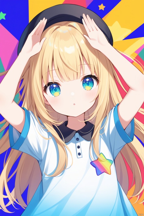 solo,abstract,blonde hair,colorful,1girl,upper body,arms_up,hat,looking at viewer,short_sleeves,star (symbol),long hair,shirt,bangs, loli