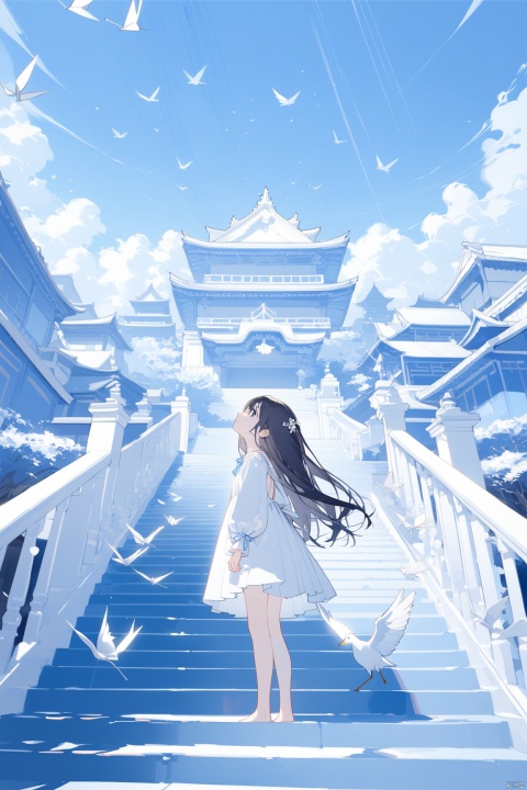 1girl, solo,angel, long hair, black hair, long sleeves, dress, standing, outdoors, sky, barefoot, day, white dress, blue sky, scenery, blue theme,White  stairs, wide shot,floating White Thousand Paper Crane,detailed background,Many thousand paper cranes,Standing on the steps and looking up at the sky,Aestheticism Painting,intricate detail,infant,