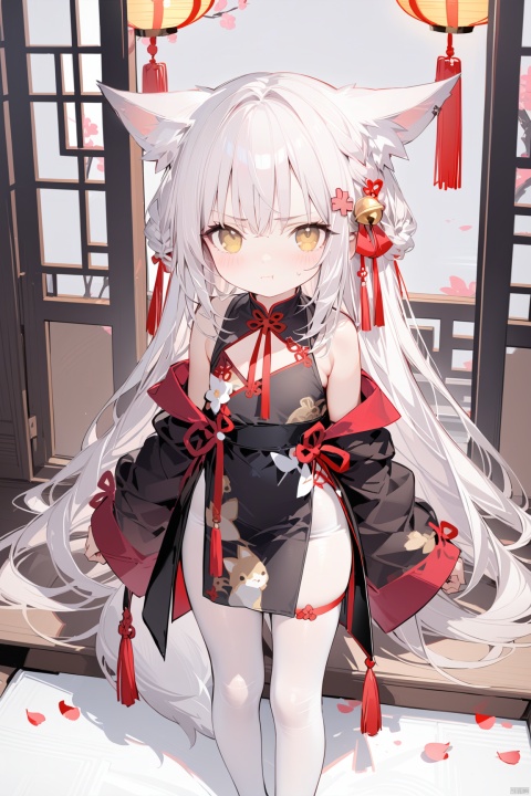 masterpiece,best quality,high quality,loli, 1girl, solo, long hair,looking at viewer, blush, bangs, hair ornament, long sleeves, dress, animal ears, very long hair, closed mouth, standing, full body, yellow eyes,  white hair, pantyhose,  wide sleeves, bell, anger vein, jingle bell, angry, white pantyhose, hair bell, black dress, animal ear fluff, fox ears,  :t, pout, hair bell,very long hair, standing,  sleeves past wrists, petals, tassel, chinese clothes, short dress, china dress, thigh strap, braid, ribbon, bare shoulders, detached sleeves, red ribbon, pelvic curtain,