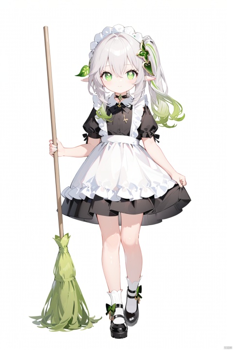1girl, solo, long hair, looking at viewer, bangs, simple background, white background, dress, bow, holding, hair between eyes, jewelry, green eyes, standing, full body, flower, white hair, short sleeves, sidelocks, multicolored hair, frills, green hair, shoes, alternate costume, choker, pointy ears, socks, puffy sleeves, black footwear, apron, black dress, side ponytail, puffy short sleeves, maid, symbol-shaped pupils, maid headdress, black bow, gradient hair, rose, cat, standing on one leg, white socks, white apron, maid apron, broom, enmaided, colored tips, cross-shaped pupils, holding broom, nahida \(genshin impact\),loli