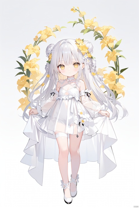 1girl, solo, long hair, looking at viewer, bangs, hair ornament, hollow out dress,  bare shoulders, very long hair, closed mouth, standing, full body, yellow eyes, braid, flower, white hair,no shoes,  choker, hair flower, grey background, white dress, see-through, gradient, gradient background,  white footwear, yellow flower, skirt hold, white choker,double_bun,
 long sleeves,   see-through skirt,see-through sleeves,cropped shoulders,revealing clothes,Light gauze wide sleeve skirt,detached sleeves,loli, cuteloliface,loli,dynamic pose,