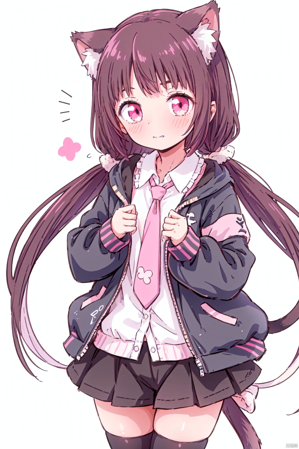multiple_girls,animal_ears,2girls,cat_ears,black_hair,tail,cat_tail,twintails,cat_girl,skirt,thighhighs,pink_eyes,necktie,platform_footwear,jacket,white_background,shirt,long_hair,simple_background,white_shirt,black_footwear,purple_eyes,bangs,shorts,ribbon,fishnets,white_hair,boots,animal_ear_fluff,short_hair,black_shorts,pink_skirt,blunt_bangs,long_sleeves,bow,looking_at_viewer,pink_jacket,hair_ribbon,thigh_strap,frills, caiyuan