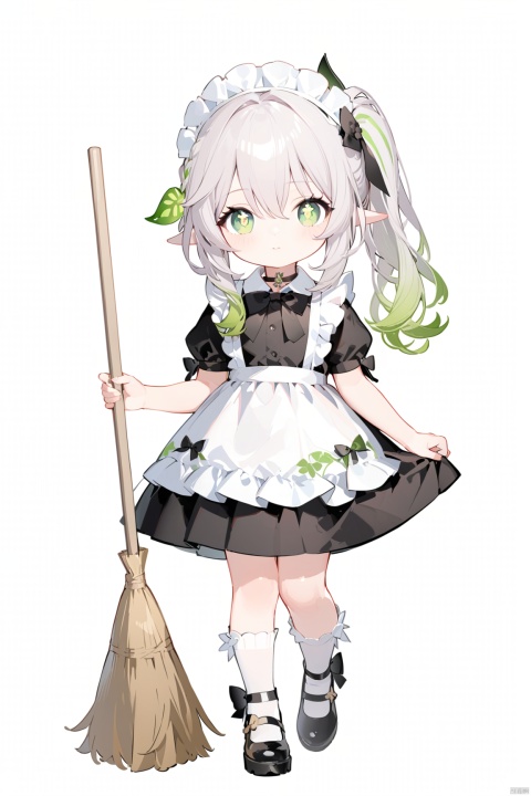 1girl, solo, long hair, looking at viewer, bangs, simple background, white background, dress, bow, holding, hair between eyes, jewelry, green eyes, standing, full body, flower, white hair, short sleeves, sidelocks, multicolored hair, frills, green hair, shoes, alternate costume, choker, pointy ears, socks, puffy sleeves, black footwear, apron, black dress, side ponytail, puffy short sleeves, maid, symbol-shaped pupils, maid headdress, black bow, gradient hair, rose, cat, standing on one leg, white socks, white apron, maid apron, broom, enmaided, colored tips, cross-shaped pupils, holding broom, nahida \(genshin impact\),loli,chibi
