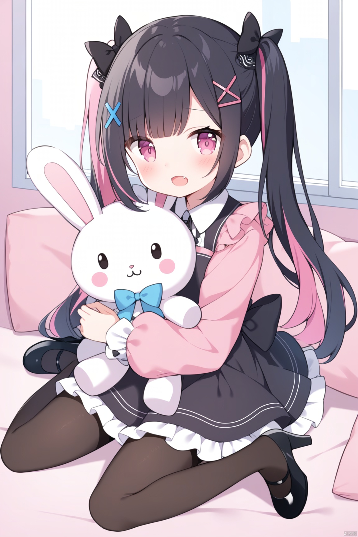 1girl, solo, long hair, looking at viewer, blush, open mouth, bangs, shirt, black hair, hair ornament, long sleeves, dress, bow, ribbon, twintails, sitting, full body, pink hair, hair bow, multicolored hair, frills, shoes, hairclip, fang, puffy sleeves, indoors, pink eyes, black footwear, black dress, high heels, two-tone hair, window, black bow, wariza, stuffed toy, frilled dress, stuffed animal, cross, x hair ornament, pink dress, object hug, stuffed bunny, holding stuffed toy,pantyhose,loli