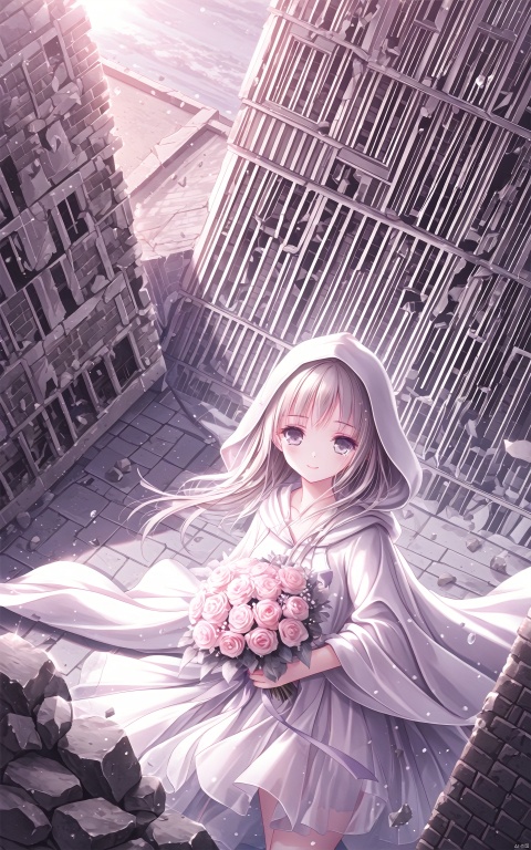  sunlight tone,clear sky,1woman,woman focus,close-up,side face,white cloth,hooded,Dutch angle,looking at viewer,holding bouquet,side face,girl focus,from above,standing,Head Tilt,wind,sad smile,tears,floating tears,sunlight,wind,Building ruins,Reinforcement, crushed stone,brick and tile,Beautiful scenery,{official art, illustration,amazing, high detail, ultra-detailed, extremely detailed 8k wallpaper, best shadow,}, best quality, amazing quality, very aesthetic, absurdres