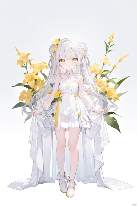 1girl, solo, long hair, looking at viewer, bangs, hair ornament, hollow out dress,  bare shoulders, very long hair, closed mouth, standing, full body, yellow eyes, braid, flower, white hair,no shoes,  choker, hair flower, grey background, white dress, see-through, gradient, gradient background,  white footwear, yellow flower, skirt hold, white choker,double_bun,
 long sleeves,   see-through skirt,see-through sleeves,cropped shoulders,revealing clothes,Light gauze wide sleeve skirt,detached sleeves,loli,