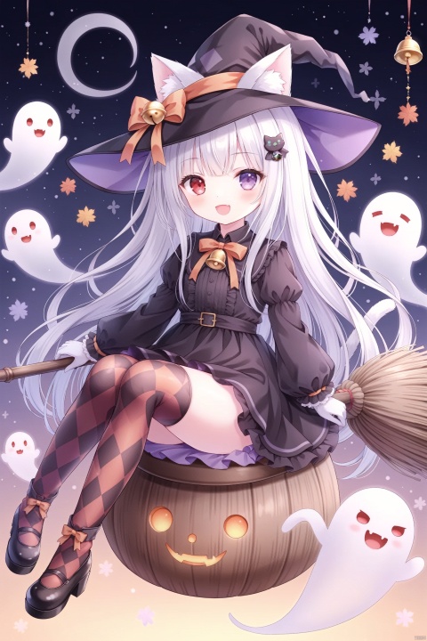  1girl, solo, long hair, looking at viewer, smile, open mouth, bangs,red eyes, thighhighs, gloves, long sleeves, hat, sitting, very long hair, purple eyes, full body, white hair, black dress, black headwear, bell, witch hat, heterochromia, broom, ghost, witch, broom riding,cat tail, plaid, tail ornament, animal ears, cat ears, plaid, argyle legwear, argyle, loli