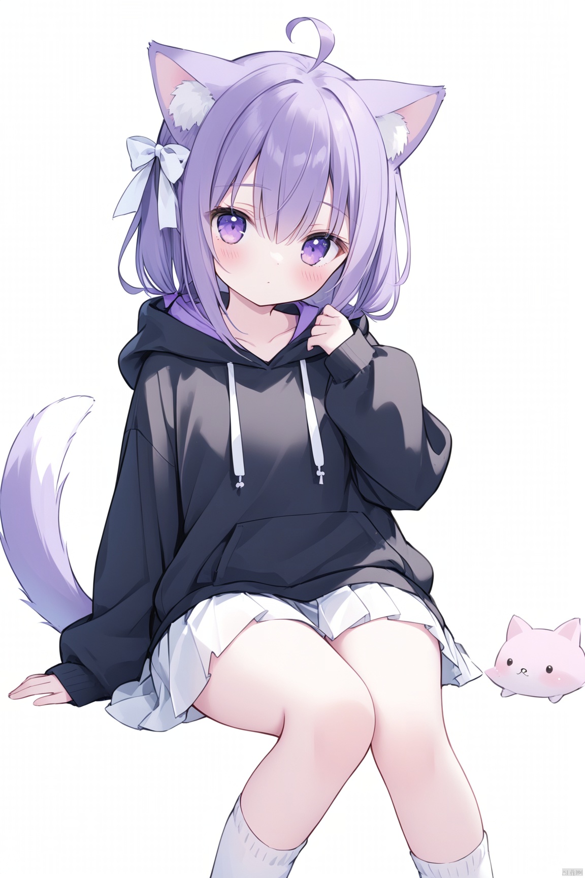 1girl, solo, looking at viewer, blush, bangs, skirt, simple background, long sleeves, white background, bow, animal ears, hair between eyes, sitting, closed mouth, purple eyes, tail, purple hair, ahoge, hair bow, pleated skirt, socks, hood, hoodie, feet out of frame, white skirt, hood down, white bow, white socks, black hoodie, loose socks,loli